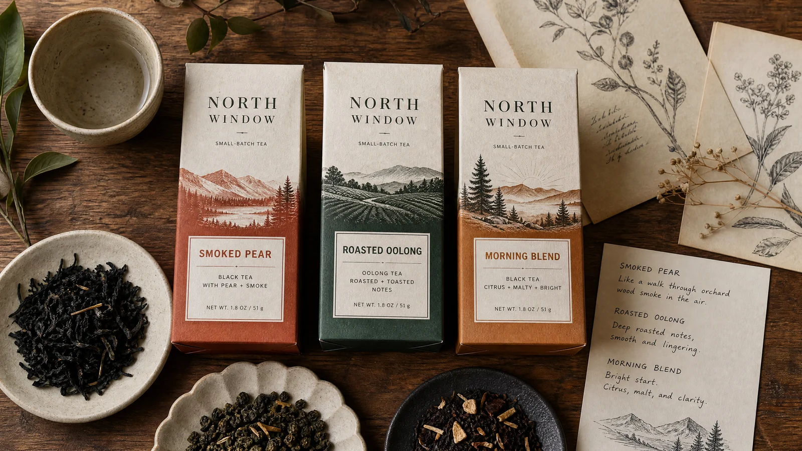 Tea packaging flat lay prompt example image